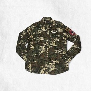 Hysteric Glamour camo button up shirt w/ unique patches
